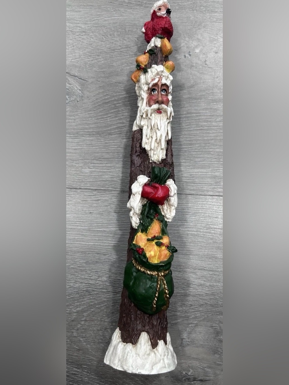 11" Woodland Santa Claus Figurine Folk Art Style Resin Tree Trunk Pears Cardinal